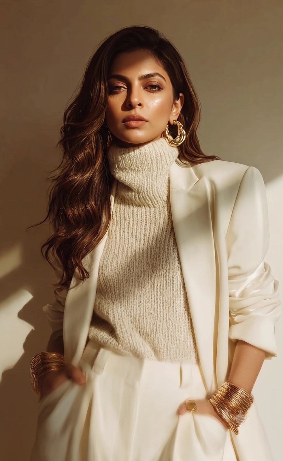Nankii Siingh in a white blazer and knit top