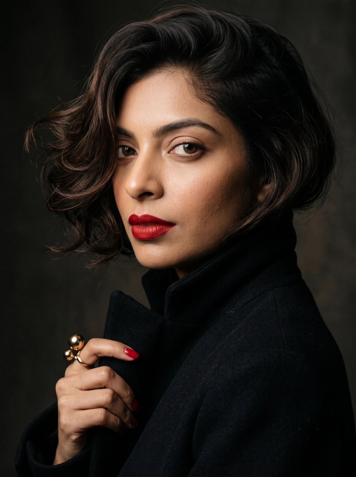Nankii Siingh in a side pose with red lipstick